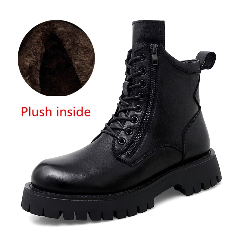 Stylish men's black rock style ankle boots with plush lining, durable sole, and zip-lace combination for comfort.
