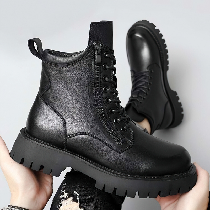 Men's black leather rock style ankle boots with lace-up front and comfortable sole.