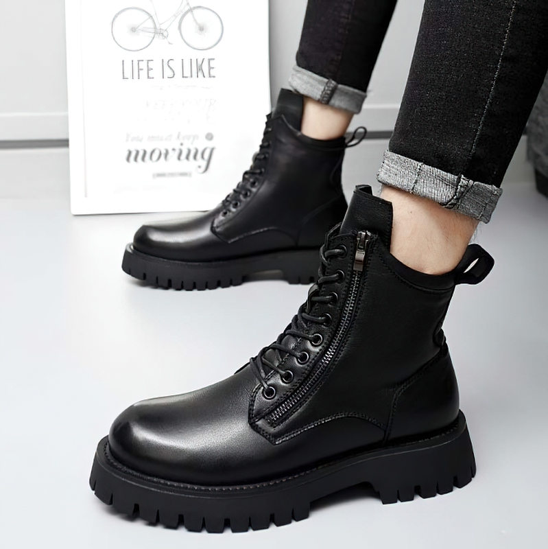 Stylish men's black leather rock style ankle boots with laces and flexible sole for casual comfort.
