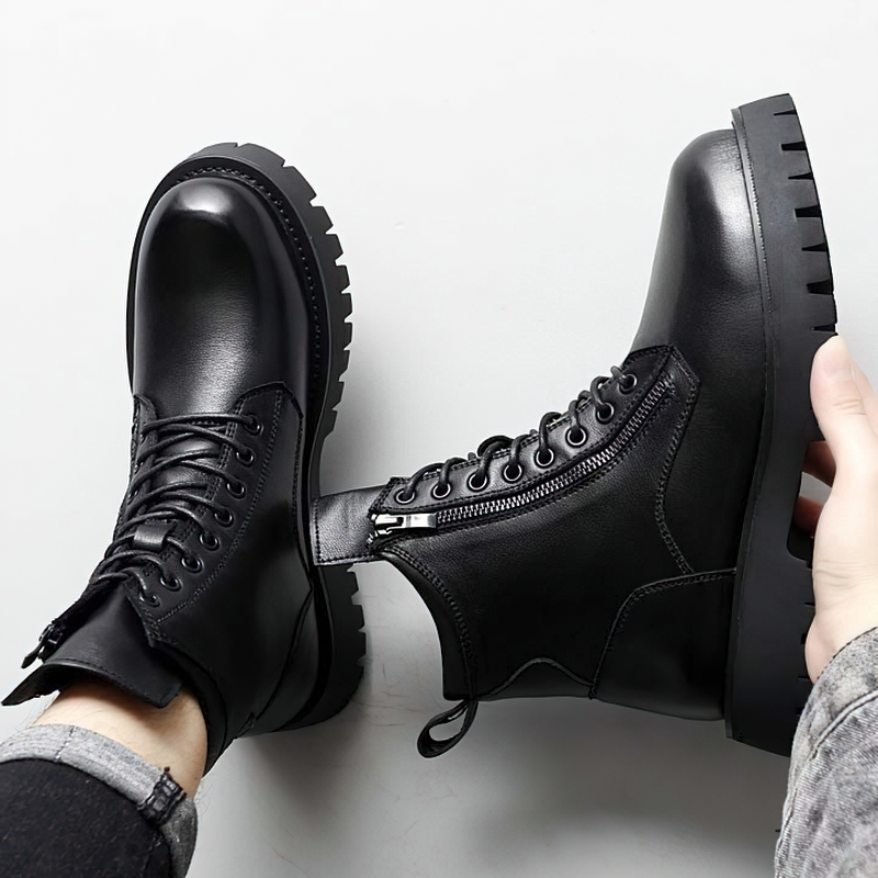 Men's black leather rock style ankle boots with laces and flexible sole, perfect for casual wear.
