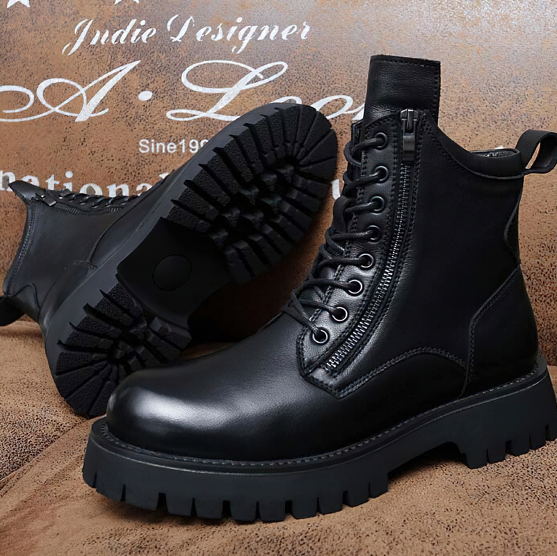 Men's black rock style ankle boots made of genuine leather with zip and laces, showcasing a flexible sole for comfort.