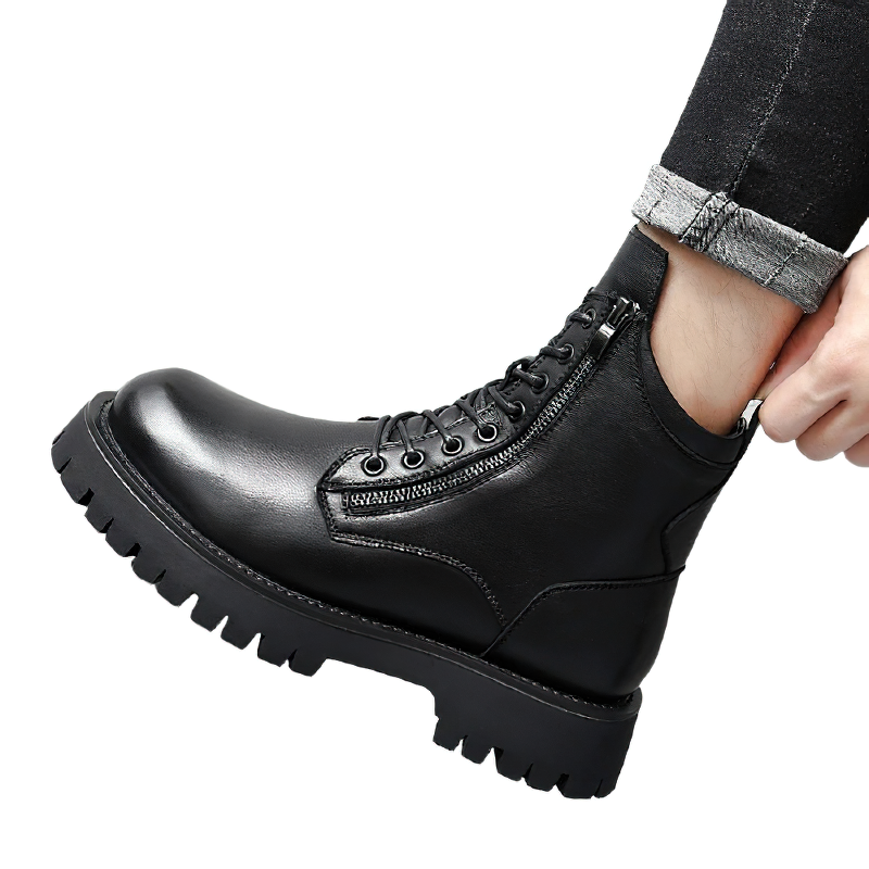 Men's rock style black leather ankle boots with laces and flexible sole for casual comfort.