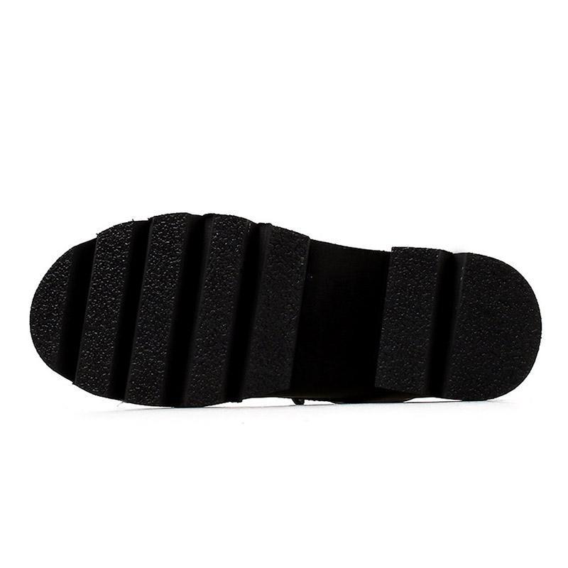 Sole of women's black platform ankle boots with textured grip for stylish comfort.