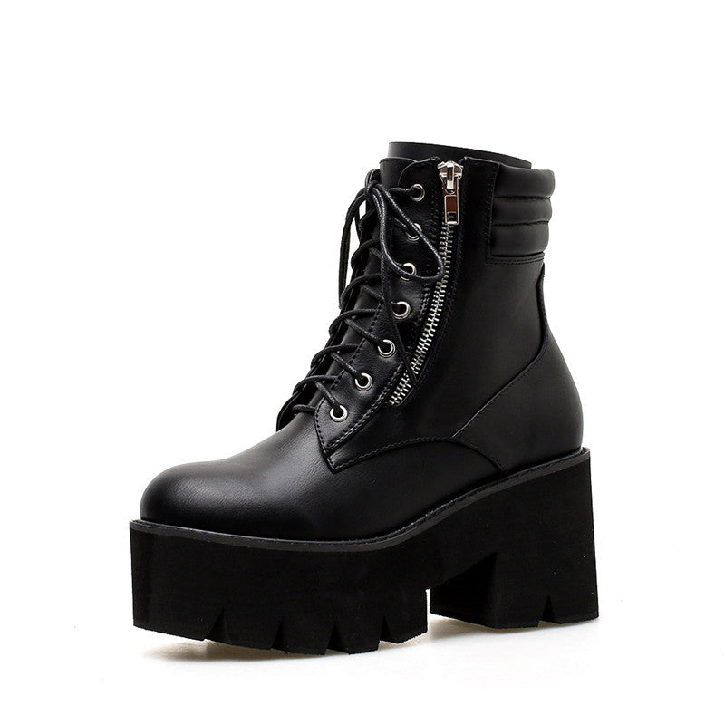 Black chunky heel ankle boots for women with lacing and zipper, perfect for rocker outfits and casual wear.