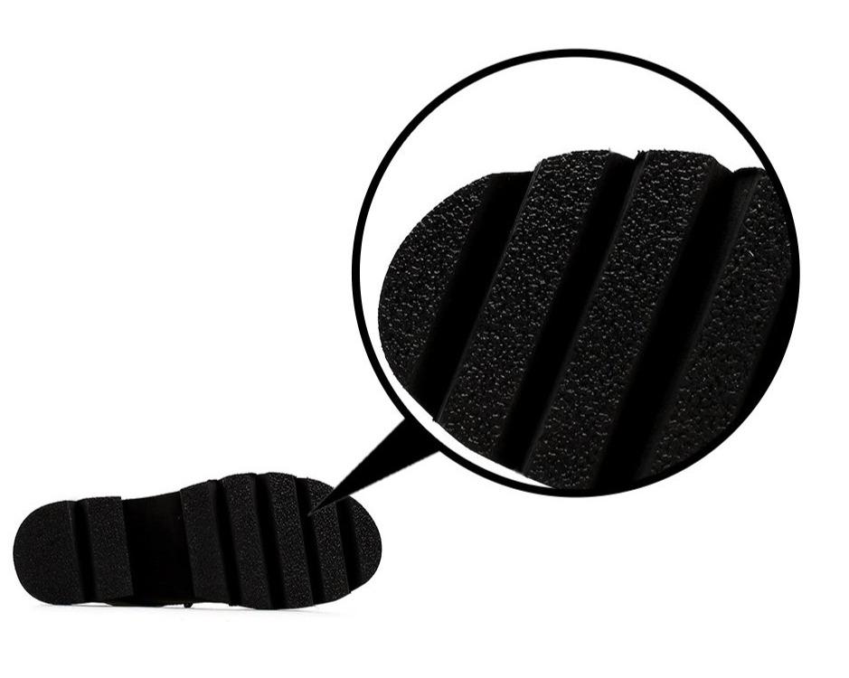 Close-up of the textured sole of women's black platform ankle boots showcasing grip and durability.