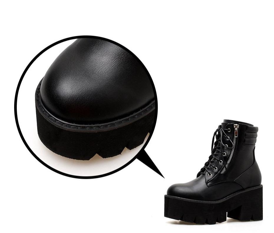 Close-up of black platform ankle boots for women with round toe, chunky heels, and lacing design.