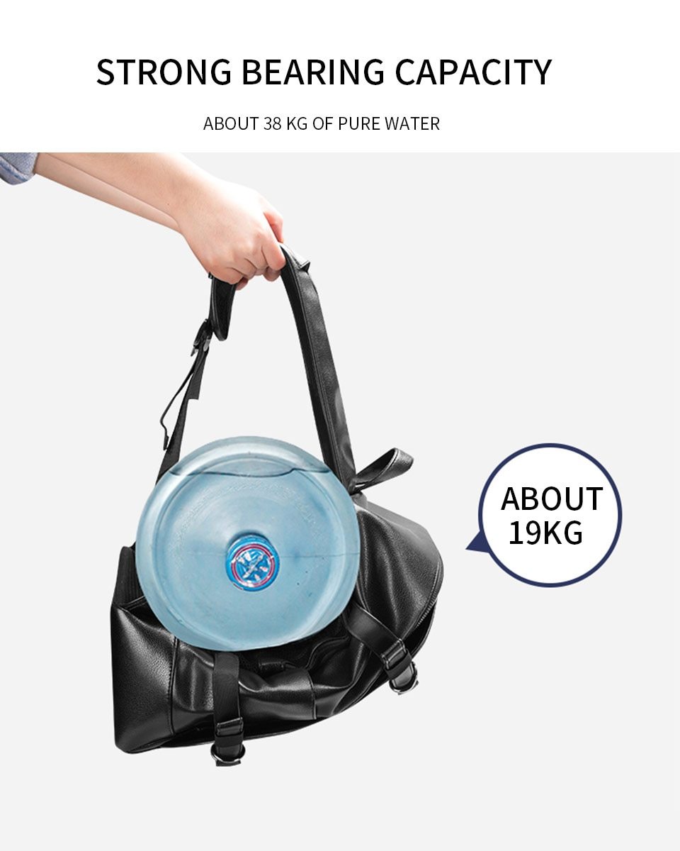 Hand holding a rock style backpack showing strong bearing capacity with water jug, highlighting 38 kg weight support.