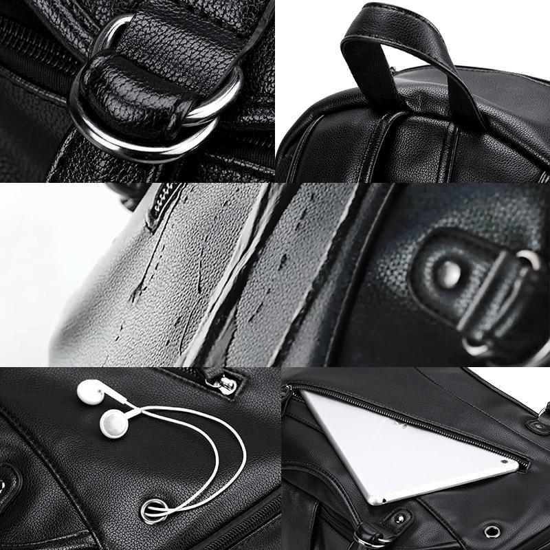 Close-up of a rock style black backpack showcasing zippers, pockets, and integrated USB charger.