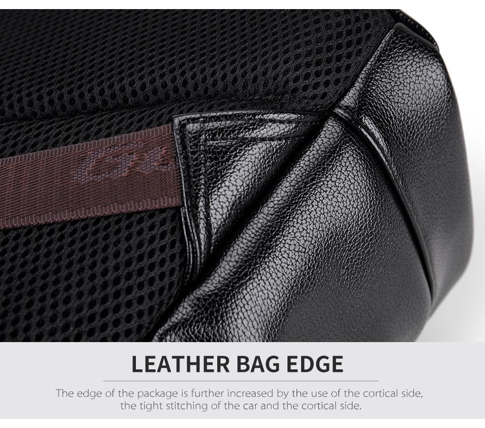 Close-up of a rock style backpack edge, showcasing leather texture and detailed stitching for durability.