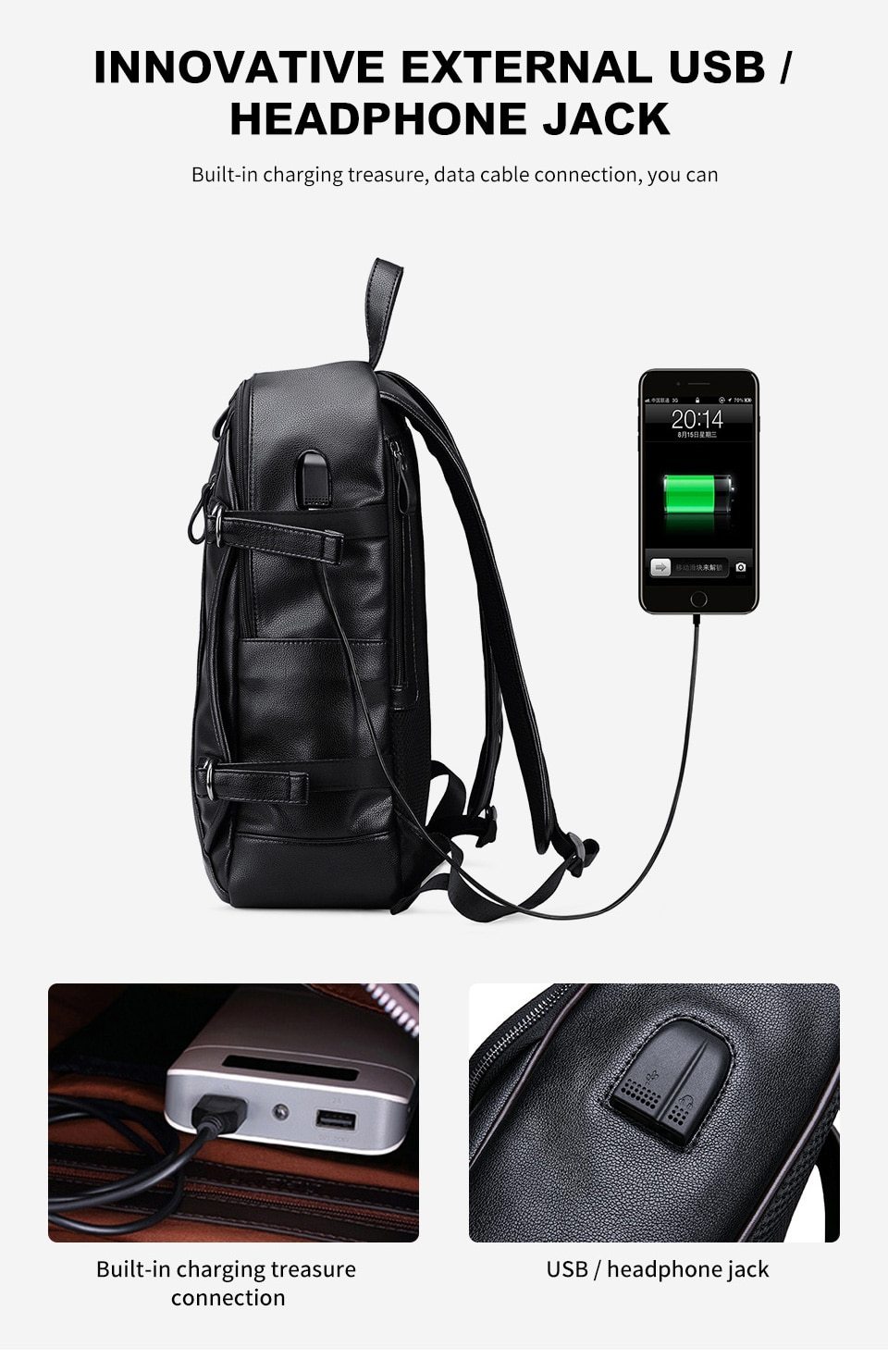 Rock style backpack featuring an innovative external USB charger and headphone jack for on-the-go charging.