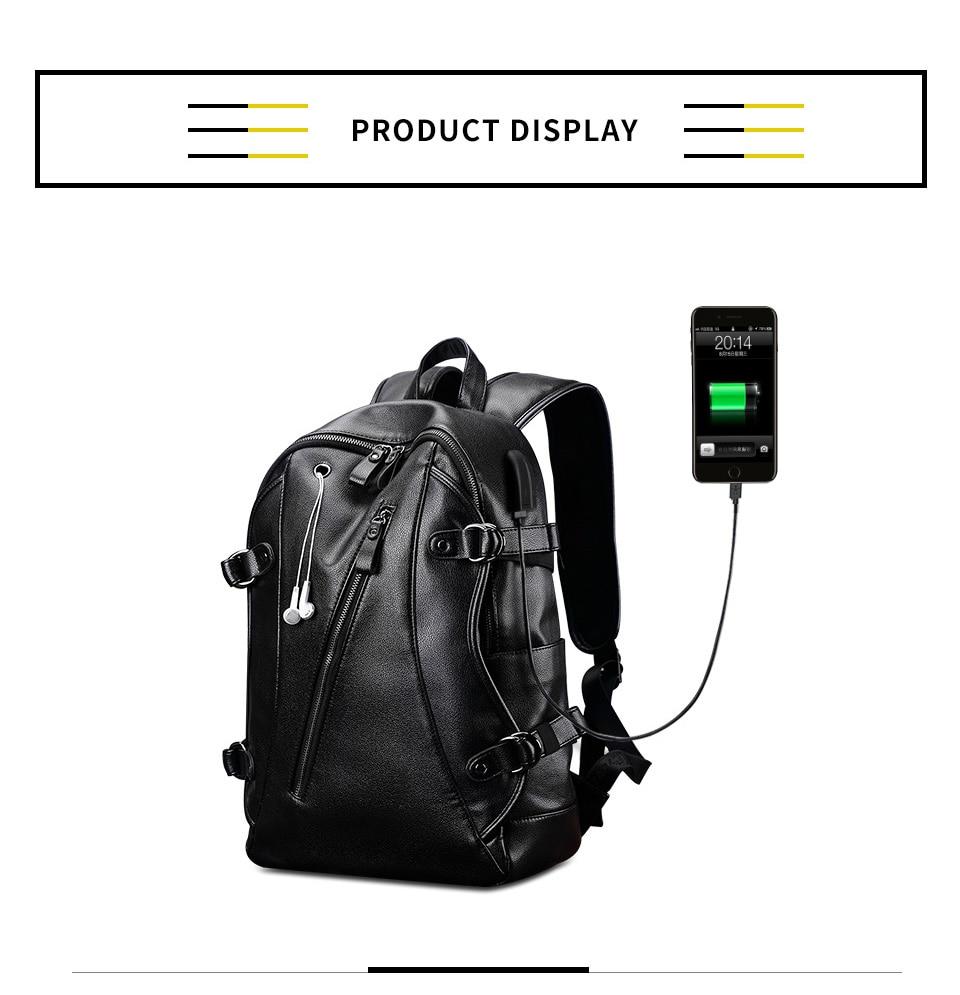 Rock style backpack in black with external USB charger and smartphone connected, showcasing a sleek design and functionality.