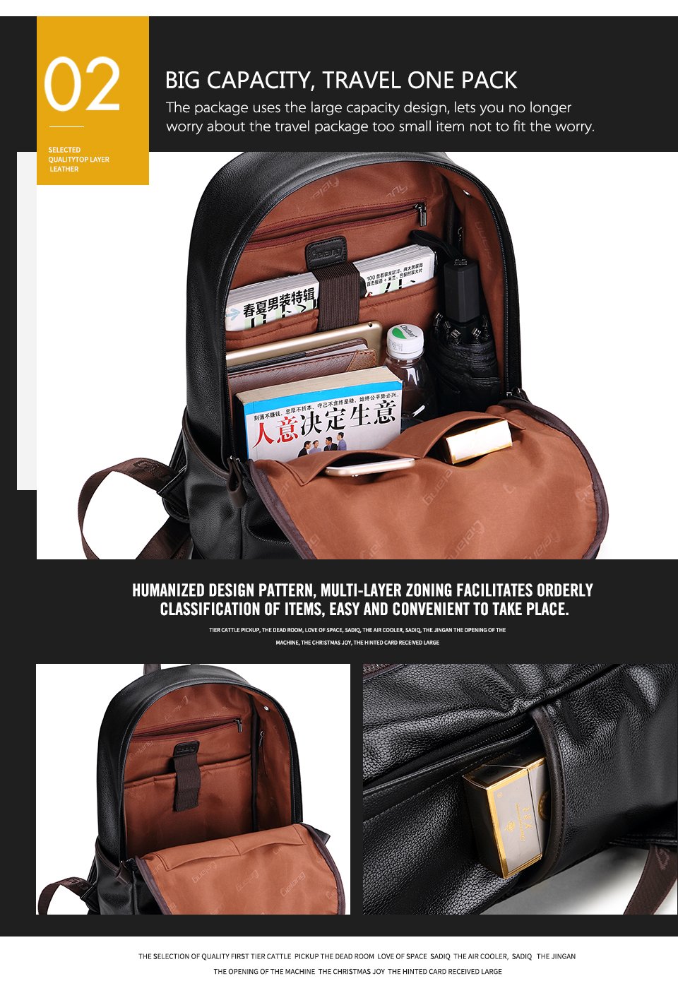 Interior view of a large rock style backpack featuring multiple compartments for organized travel storage.