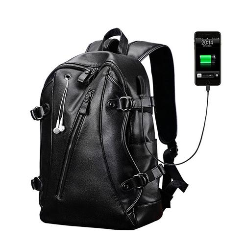 Rock style backpack with external USB charger, made of imitation leather, perfect for on-the-go charging and stylish looks.