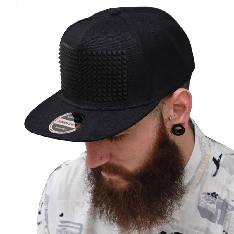 Rock style baseball cap with plastic spikes, flat-brimmed snapback, perfect for any unisex casual wear.