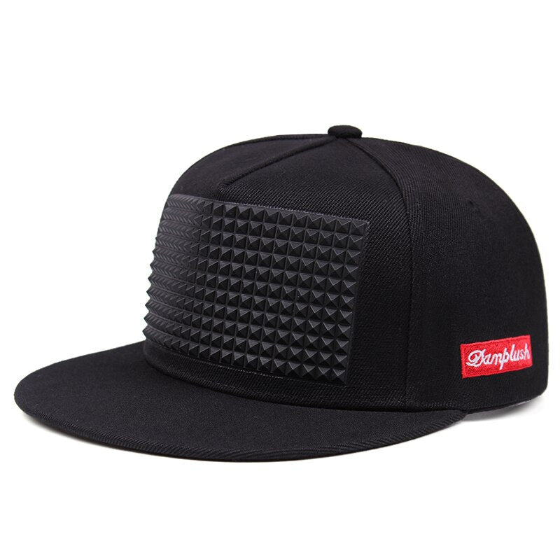 Rock style black snapback baseball cap with plastic spikes and red logo, perfect for parties and festivals.