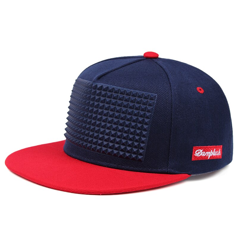 Rock style flat-brimmed snapback cap with cool plastic spikes, perfect for parties and festivals. Unisex design, adjustable strap.