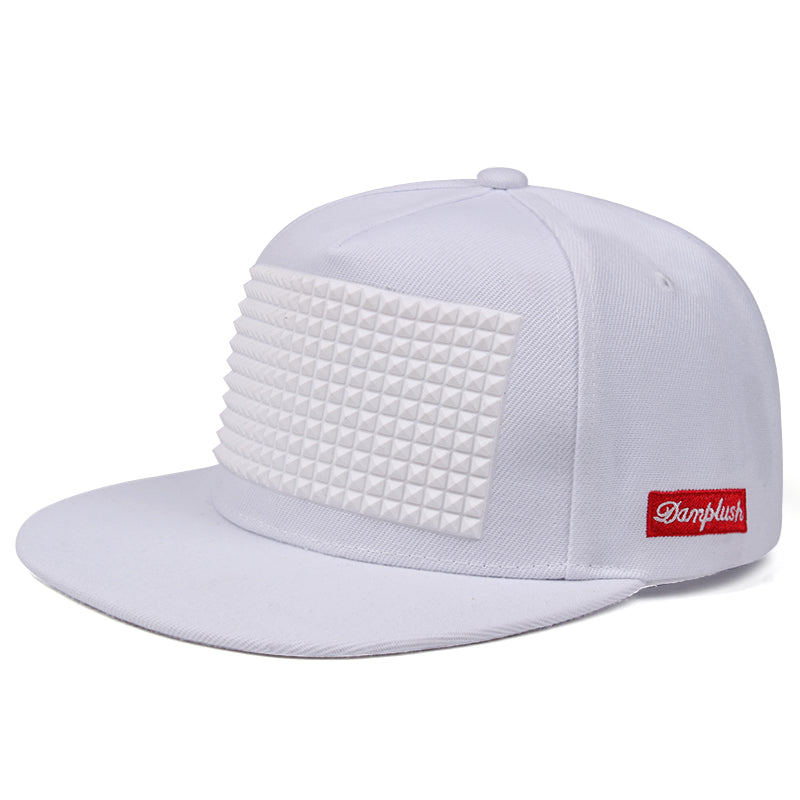 Rock style white baseball cap with plastic spikes and flat brim, unisex snapback hat, perfect for festivals.