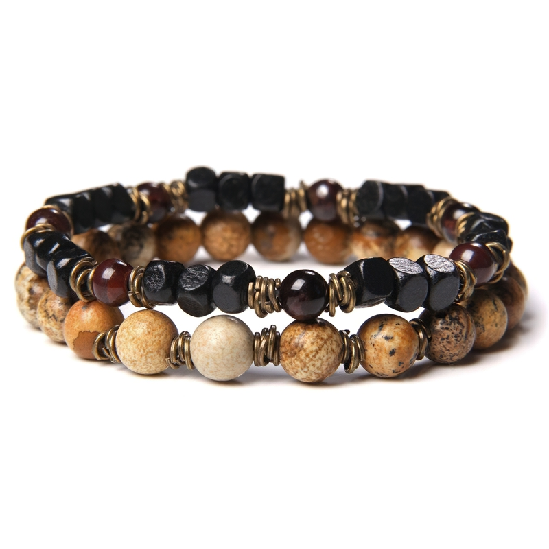 Rock style unisex stone beads bracelet in earthy tones, featuring vintage design and stylish metallic accents.