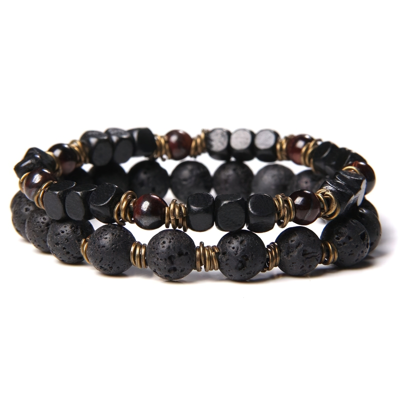 Unisex rock style stone beads bracelet in black with vintage design, perfect accessory for any outfit.