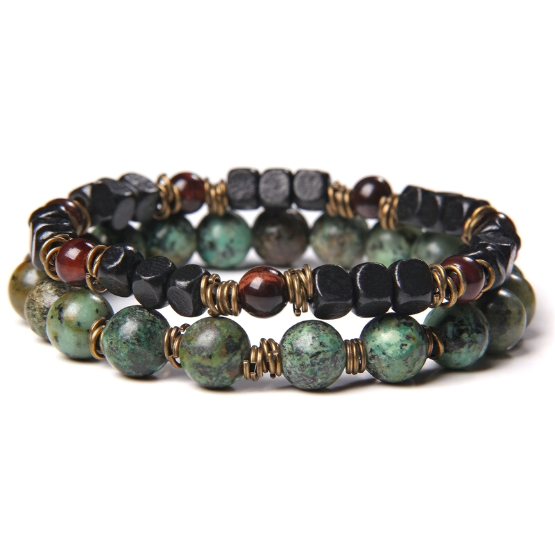 Stylish unisex rock style beads stone bracelet in green and black, a vintage accessory for men and women.