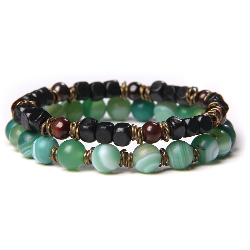 Unisex rock style beads bracelet featuring green stone beads and vintage black accents, perfect for stylish hand jewelry.