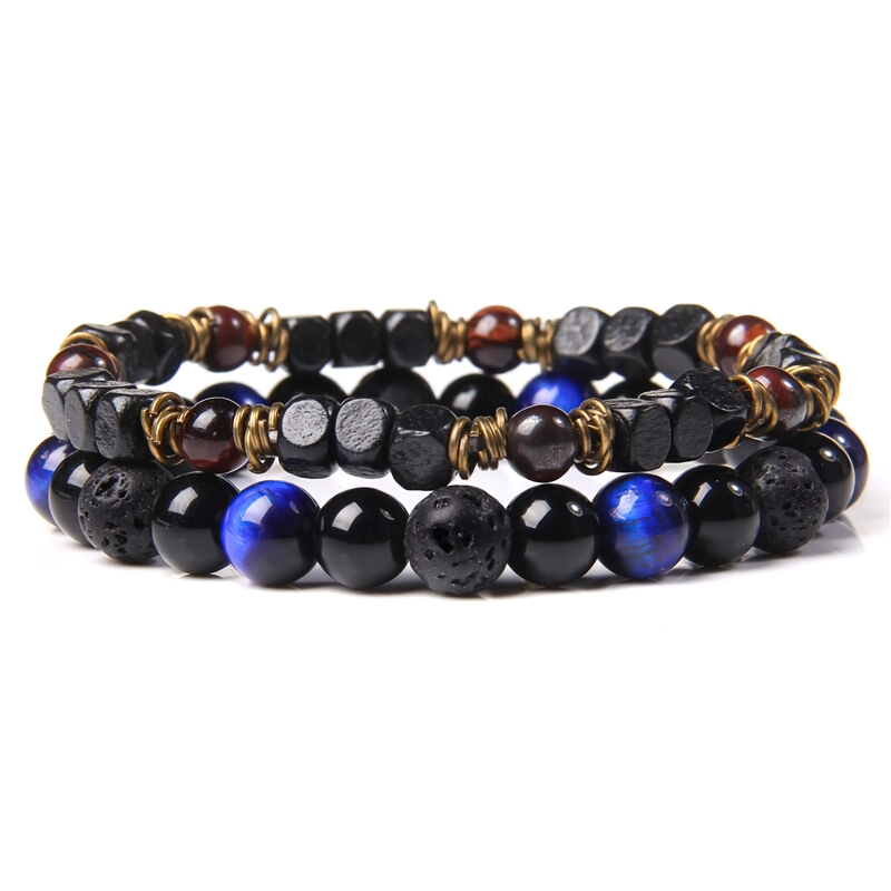 Stylish unisex stone bead bracelet featuring black and blue beads, perfect vintage accessory for any outfit.