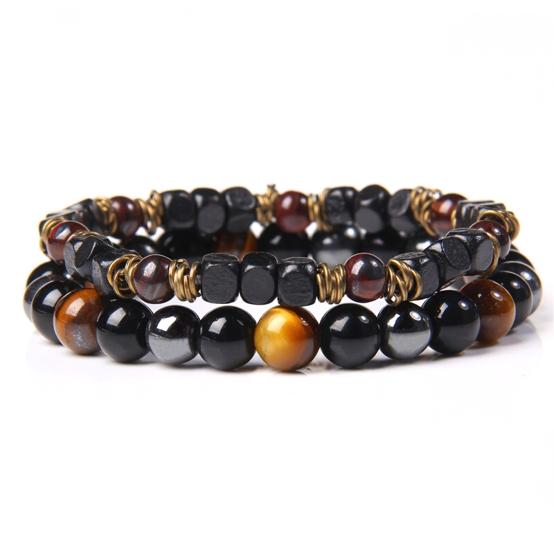 Unisex stylish rock style stone beads bracelet in black and gold tones, perfect vintage accessory for men and women.
