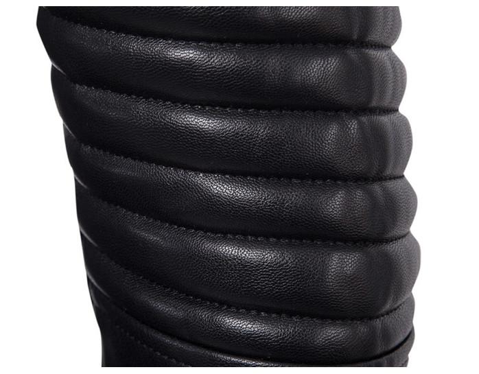 Close-up of rock style biker jacket sleeve detail featuring sleek faux leather and unique padding.