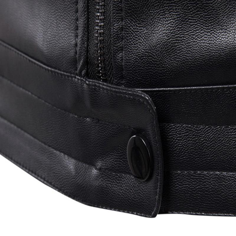 Close-up of a men's faux leather biker jacket hem, showcasing the sleek design and button detail.