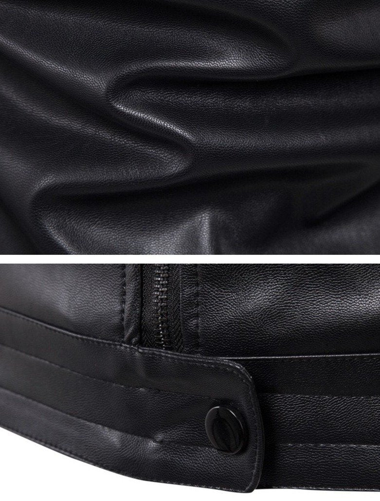 Close-up of black faux leather jacket detailing with zippers and fabric texture for rock style biker fashion.