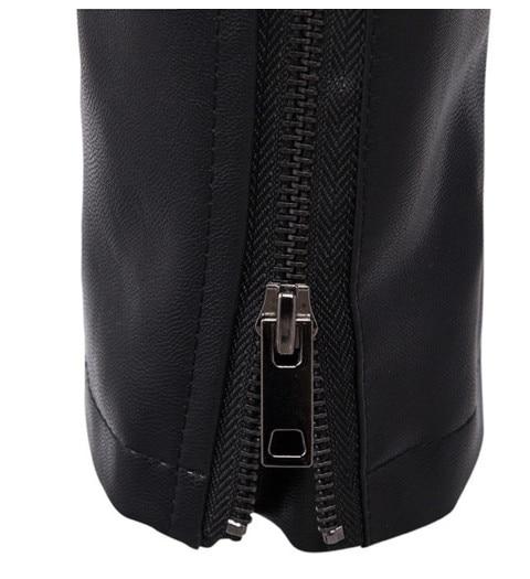 Close-up of zipper detail on men's rock style faux leather jacket, showcasing unique design and craftsmanship.