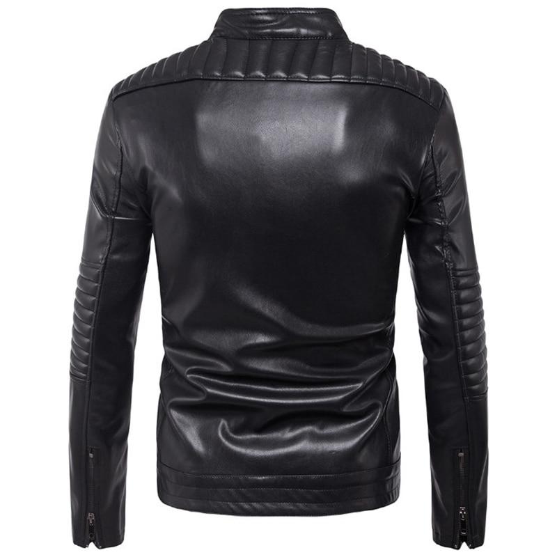 Back view of a men's rock style faux leather biker jacket featuring stylish quilted details and sleek zippers.