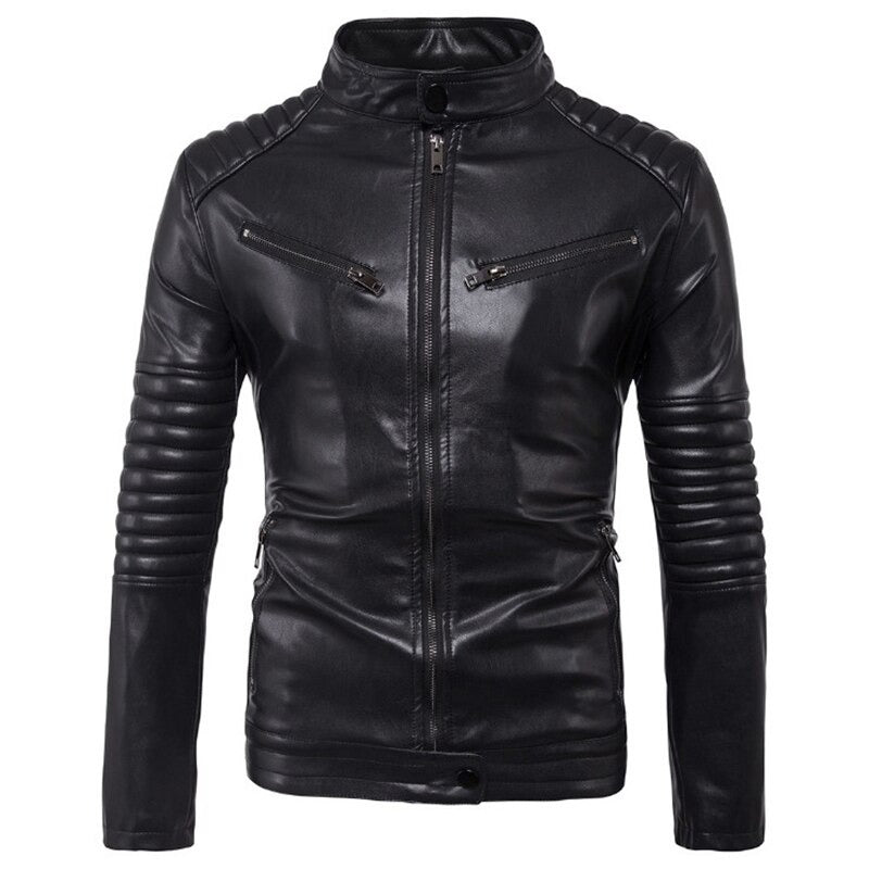Men's rock style faux leather biker jacket with unique zippers and streamlined design.