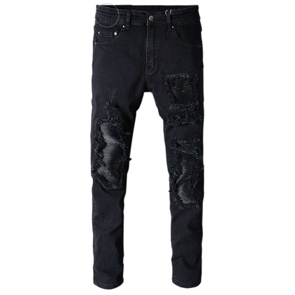 Rock Style biker jeans / Men's black patchwork stretch denim ripped trousers / Rave outfits - HARD'N'HEAVY