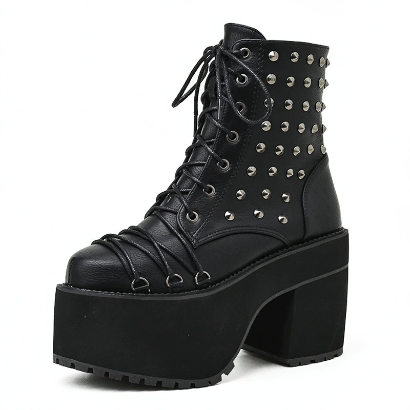 Rock Style Black Ankle Boots For Women / Ladies Shoes High Heeled Of Rivet - HARD'N'HEAVY