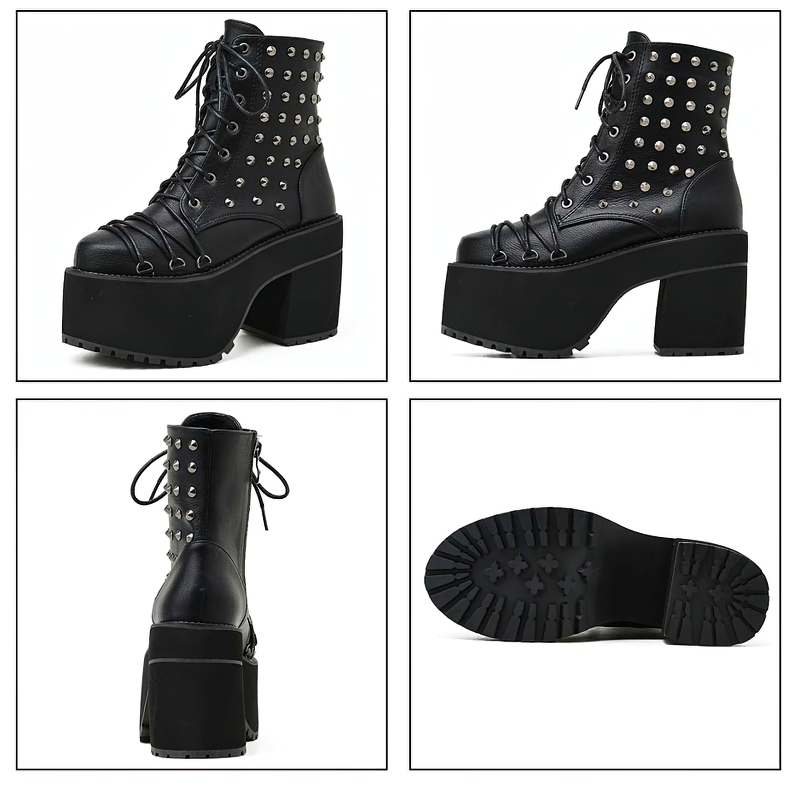 Rock Style Black Ankle Boots For Women / Ladies Shoes High Heeled Of Rivet - HARD'N'HEAVY