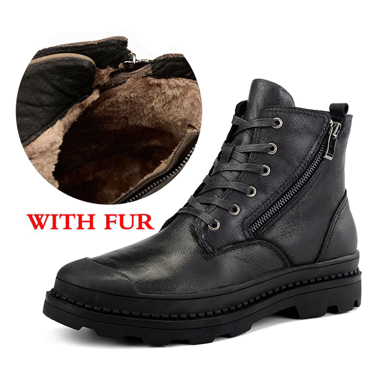 Men's rock style leather ankle boots with fur lining, featuring stylish laces and durable sole for comfortable wear.