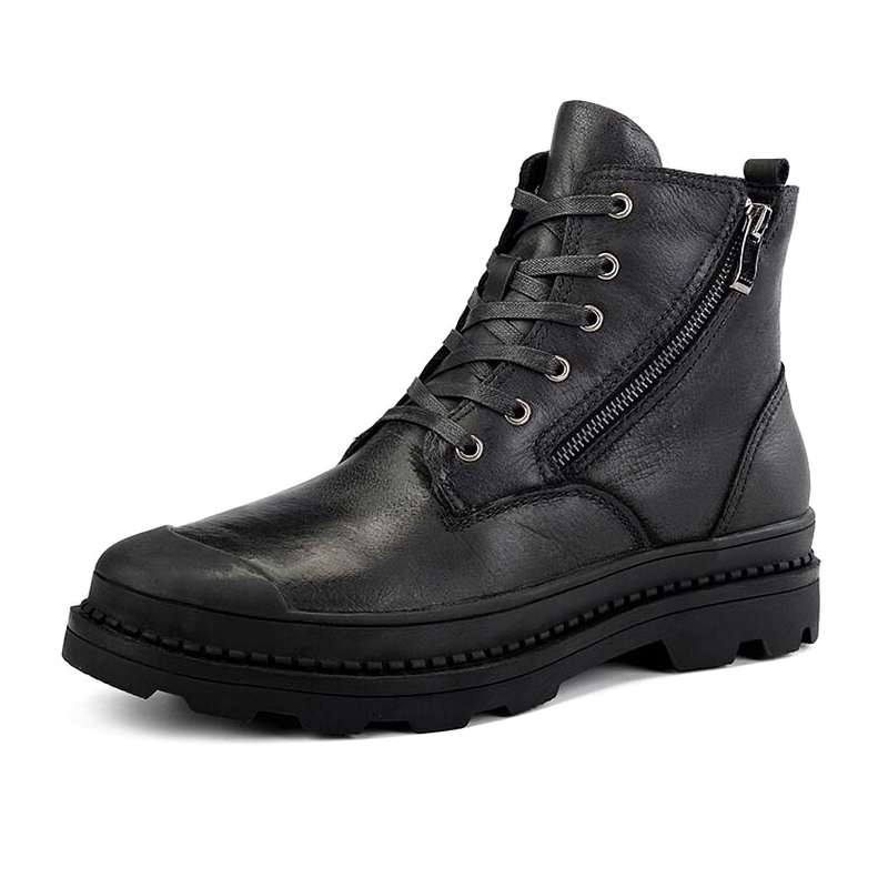 Stylish men's black leather ankle boots with laces and side zipper for a rock-inspired look.