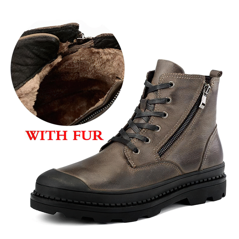 Men's rock style ankle boots with fur lining and zip detail, made from genuine leather in casual fashion.