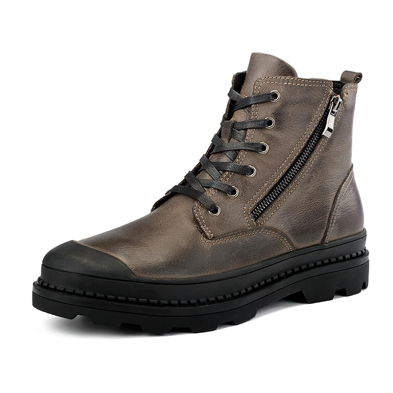 Men's rock style ankle boots in genuine leather with laces and zipper for stylish casual wear.