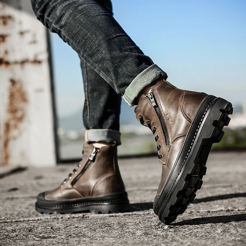 Men's rock style leather ankle boots with laces and side zipper in brown, perfect for casual wear.