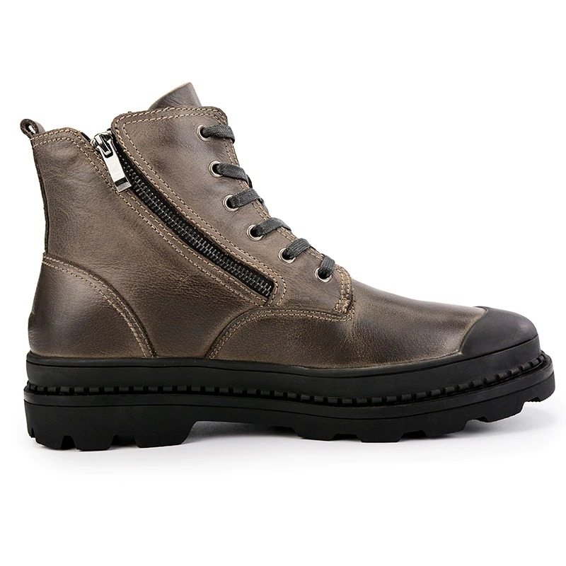 Stylish men's leather ankle boots in brown with zippers and laces, perfect for casual and rock fashion looks.