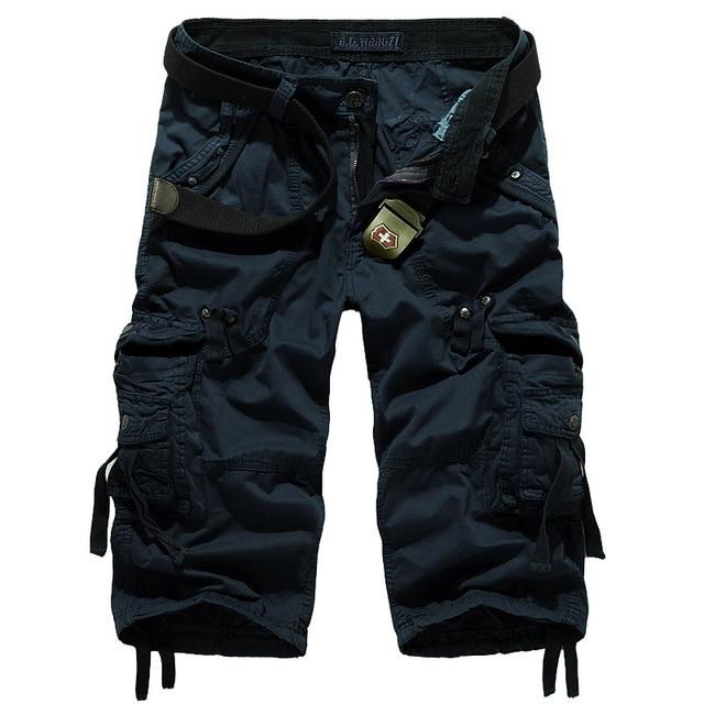 Rock style camouflage loose cargo shorts for men with pockets and zippers, ideal for a stylish casual look.