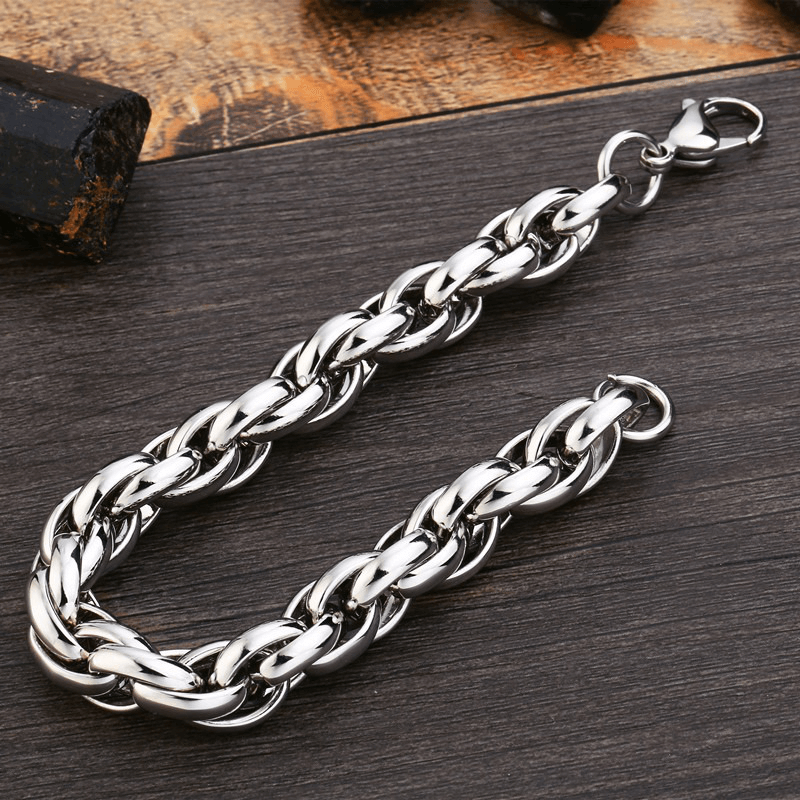 Rock style chain wide bracelet in stainless steel, featuring a trendy design and easy-hook clasp for comfort.