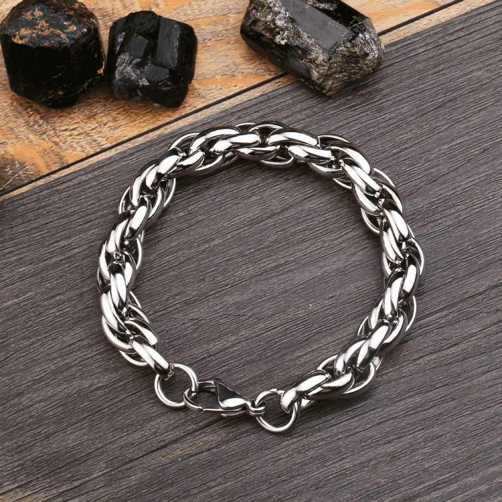 Rock style wide chain bracelet made of stainless steel, featuring an easy-hook clasp, stylish and trendy accessory.