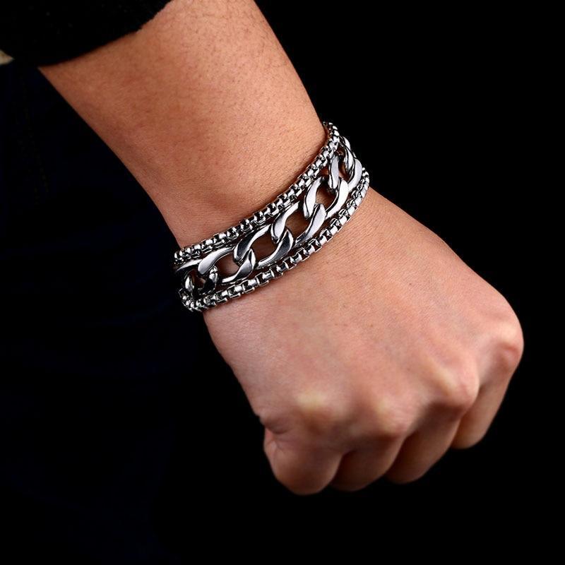Stylish Rock Chain Wide Bracelet on wrist, showcasing a trendy mix of stainless steel chains. Perfect for fashion lovers!
