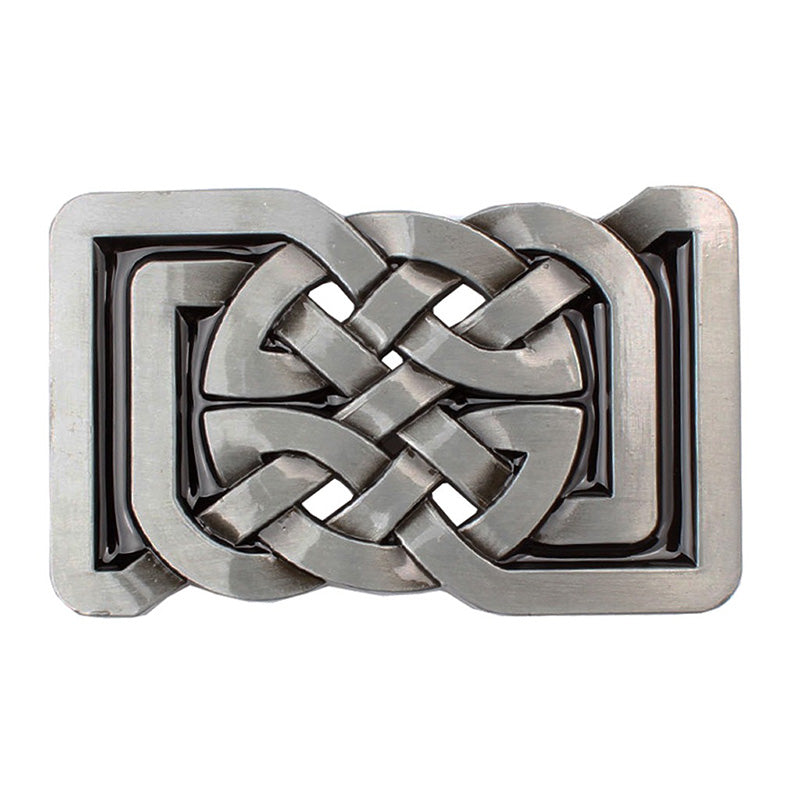 Rock style belt buckle with a unique woven pattern, perfect for alternative fashion outfits.
