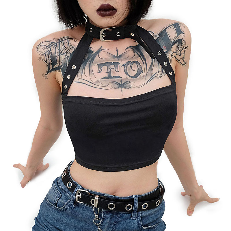 Rock Style Cotton Cami Choker Halter / Women's backless top / Gothic crop Top / Black Camisole - HARD'N'HEAVY