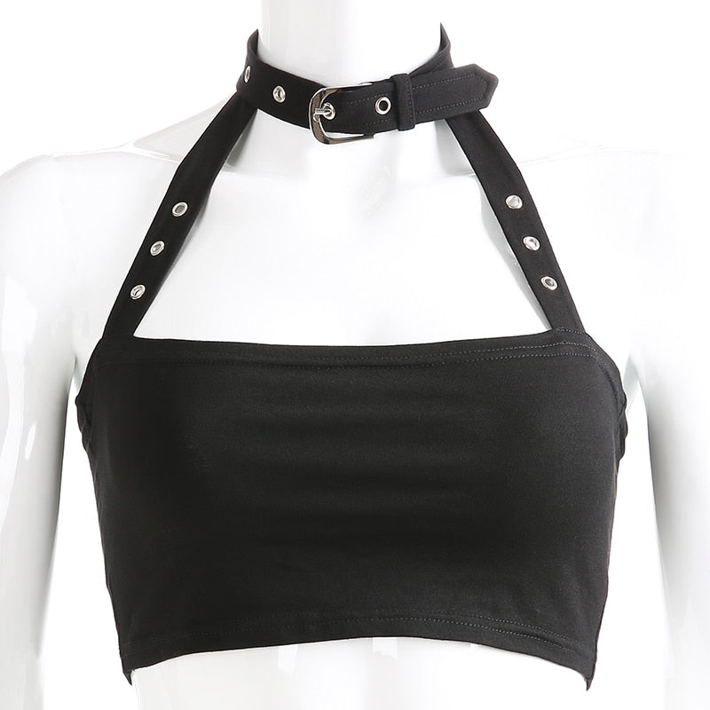 Rock Style Cotton Cami Choker Halter / Women's backless top / Gothic crop Top / Black Camisole - HARD'N'HEAVY