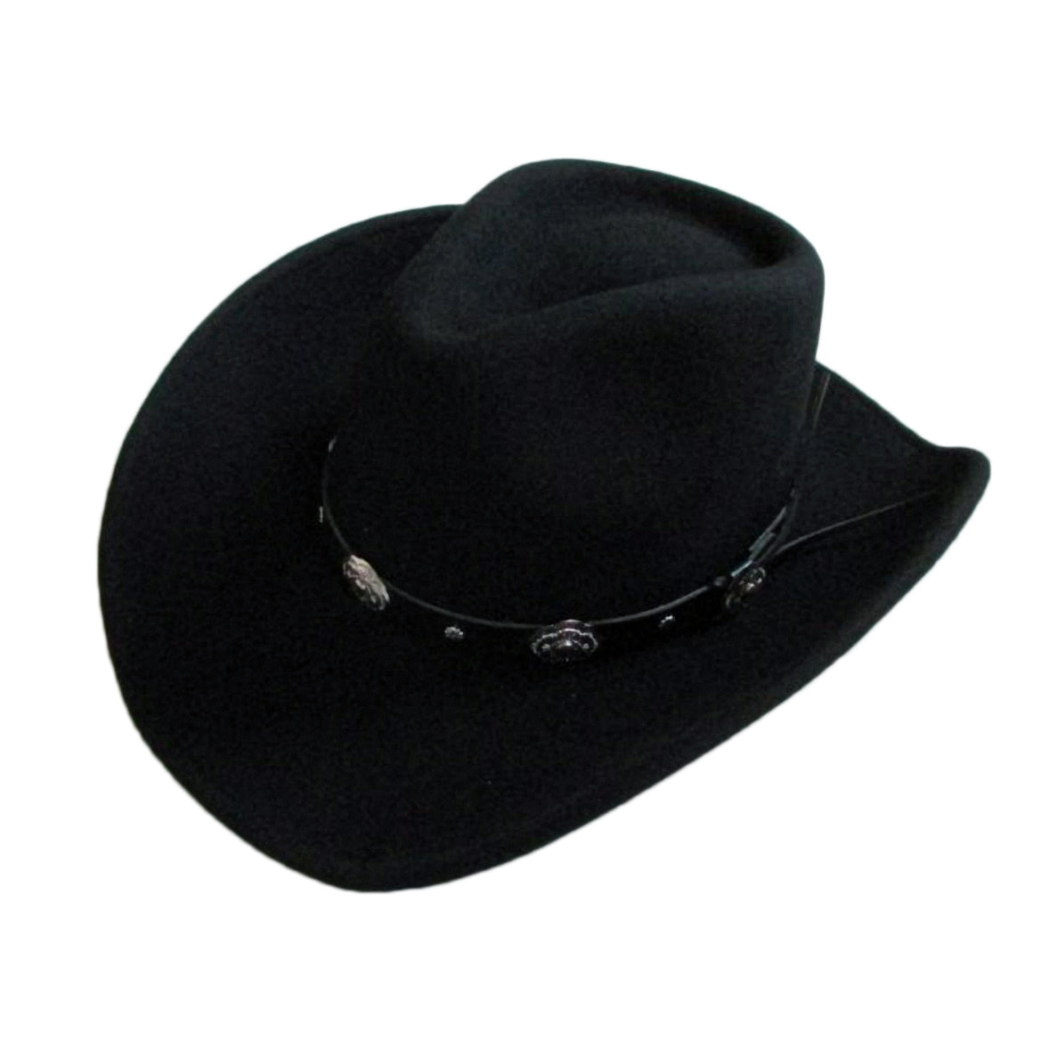 Large-brimmed black wool cowboy hat with leather strap and decorative rivets, perfect for rock and vintage style outfits.